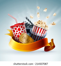 Popcorn box; disposable cup for beverages with straw, film strip, clapper board and ticket. Cinema Poster Design Template. Detailed vector illustration. EPS10 file.