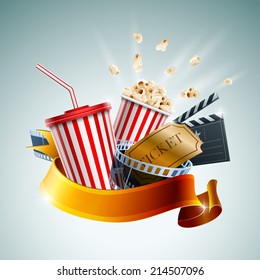 Popcorn box; disposable cup for beverages with straw, film strip, clapper board and ticket. Cinema Poster Design Template. Detailed vector illustration. EPS10 file.