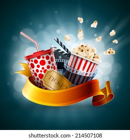 Popcorn box; disposable cup for beverages with straw, film strip, clapper board and ticket. Cinema Poster Design Template. Detailed vector illustration. EPS10 file.