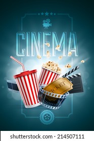 Popcorn box; disposable cup for beverages with straw, film strip, clapper board and ticket. Cinema Poster Design Template. Detailed vector illustration. EPS10 file.