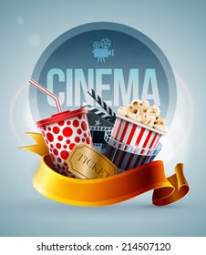 Popcorn box; disposable cup for beverages with straw, film strip, clapper board and ticket. Cinema Poster Design Template. Detailed vector illustration. EPS10 file.