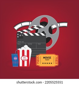 Popcorn box, disposable cup for beverages with straw, film strip, clapper board and ticket