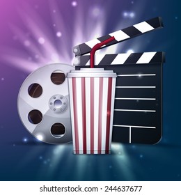 Popcorn box, disposable cup for beverages with straw, film strip, ticket and clapper board. Detailed vector illustration. EPS10 file.