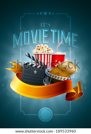 Popcorn box, disposable cup for beverages with straw, film strip, ticket and clapper board. Poster design template. Detailed vector illustration. EPS10 file.