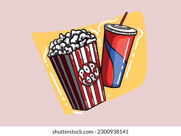 Popcorn box; disposable cup. Cinema Concept Design. Detailed vector illustration.