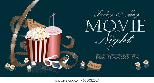 Popcorn box with film reel, cola and 3D glasses on the background screen cinema. Movie poster, banner, or flyer. Vector illustration