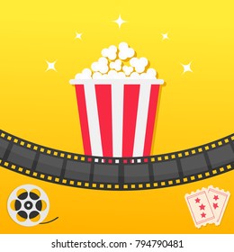 Popcorn box. Film strip. Two tickets admit one. Movie reel Cinema icon set in flat design style. Pop corn icon. Yellow gradient background. Shining stars. Vector illustration