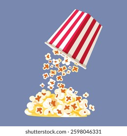 Popcorn box with popcorn flakes popping out of it. Vector illustration of popcorn as a basic snack for watching movies, concept for cinema. Isolated on blue background 