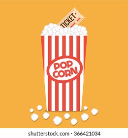 Popcorn box flat illustration. Cinema popcorn flat icon. Popcorn. Vintage red box of popcorn. Cinema tickets. Vector illustration