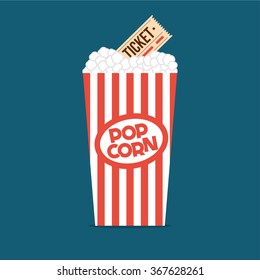 Popcorn box flat illustration. Cinema popcorn flat icon. Popcorn. Vintage red box of popcorn. Cinema tickets. Vector illustration