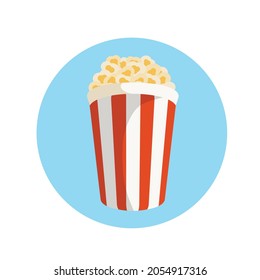 Popcorn box in flat style. Pop corn icon symbol food cinema movie film isolated on blue background. Vector stock