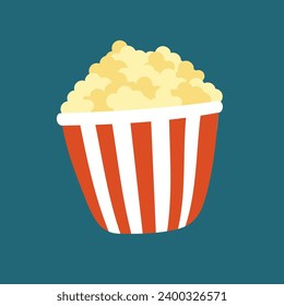 Popcorn box in flat style. Pop corn icon symbol food cinema movie film isolated on blue background. Vector stock