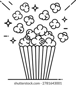 Popcorn Box with Flying Corn Kernels and Sparkle Details in Minimal Line Art Style