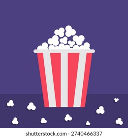 Popcorn box icon. Red white red strip paper package. Pop corn food. Cinema movie night. Cute movie cinema banner decoration template. Flat design style. Violet background. Isolated. Vector illustration