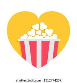 Popcorn box icon. Red yellow strip. Heart shape. I love movie cinema night. Tasty food. Flat design style. White background. Isolated. Vector illustration