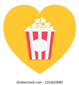 Popcorn box icon. Red yellow strip. Heart shape. I love movie cinema night. Tasty food. Flat design. White background. Isolated. Vector illustration
