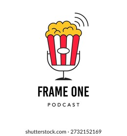 Popcorn box microphone logo. Cinema and entertainment podcast concept design.. Vector Illustration.