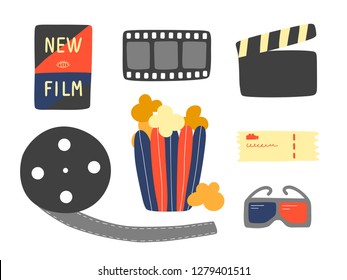 Popcorn box, movie clapperboard, 3D glasses, film tape, poster and ticket: hand drawn vector elements. Doodle icons isolated on white background