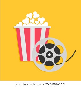 Popcorn box Movie reel icon set. Cinema festival. Movie night. Flyer, poster, banner, invitation presentation template. Movie time. Flat design. Yellow background. Isolated. Vector illustration