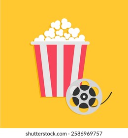 Popcorn box Movie reel icon set. Pop corn food. Cinema festival. Movie night. Flyer, poster, banner, invitation, presentation template. Movie time. Flat design. Yellow background Isolated. Vector