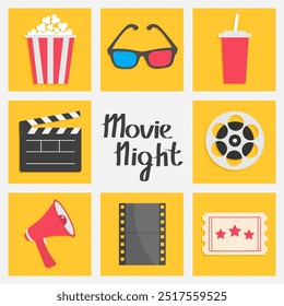 Popcorn box Open clapper board Movie reel Ticket Admit one three stars. Soda glass straw, film strip, 3d glass, loud speaker. Movie night Cinema icon set. Simple Flat design. Yellow background. Vector