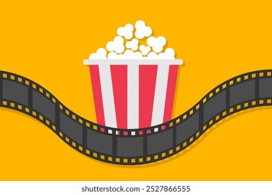 Popcorn box package. Big film strip line. Red white pop corn box icon. Cinema festival. Movie night. Flyer, poster, banner, presentation template. Simple Flat design. Yellow background Isolated Vector