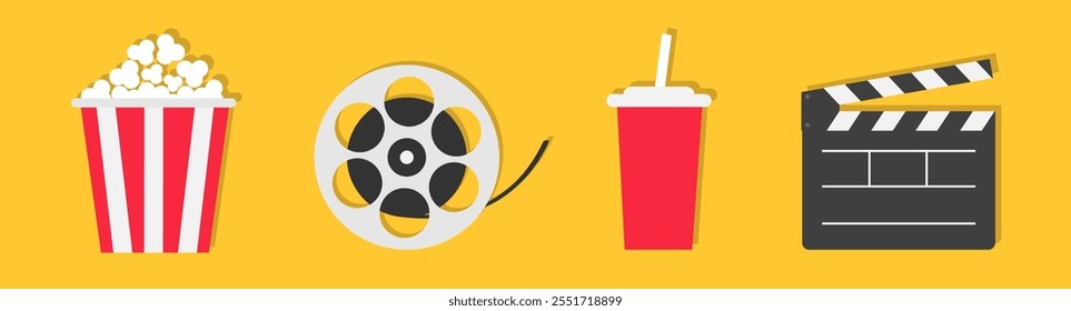 Paquete de caja de palomitas de maíz. Carrete de película. Vaso de refresco. Abre la placa de claquetas. Conjunto de símbolos de símbolo de icono de película de cine. Plantilla de invitación de Anuncio. Aislado. Fondo amarillo. Diseño plano. Ilustración vectorial