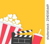 Popcorn box package. Open clapper board. Soda drink glass. Movie Cinema icon sign symbol set. Banner Invitation template. Simple Flat design. Isolated. Yellow background. Vector illustration