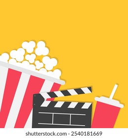 Popcorn box package. Open clapper board. Soda drink glass. Movie Cinema icon sign symbol set. Banner Invitation template. Simple Flat design. Isolated. Yellow background. Vector illustration