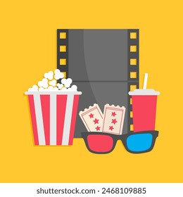 Popcorn box package. Soda drink. Film strip Ticket Admit one. Three star. 3d glasses. Movie Cinema icon sign symbol set. Banner Invitation template. Isolated. Yellow background. Flat design. Vector