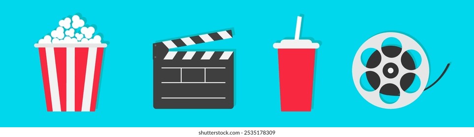 Paquete de caja de palomitas de maíz. Vaso de refresco. Abre la placa de claquetas. Carrete de película. Conjunto de símbolos de símbolo de icono de película de cine. Plantilla de invitación de Anuncio. Aislado. Fondo azul. Diseño plano. Vector