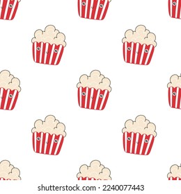 Popcorn box seamless pattern cute smile. Hand drawn nursery cartoon doodle kawaii fast food snack character. Childish vector illustration in a simple naive style. Perfect for printing