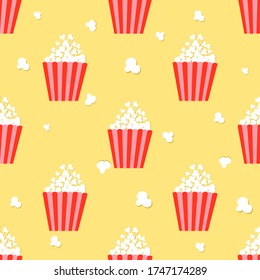 Popcorn box seamless pattern on yellow background.