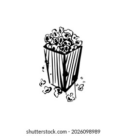 Popcorn box sketch on a white background. Food for watching movies. Doodle. Hand drawn vector illustration.