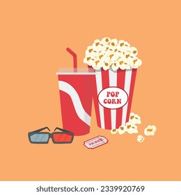 Popcorn box and soda cup vector set. Cinema vector set of popcorn bucket, soda cup, 3d glasses, cinema ticket. Cinema concept. Snack food flat vector in cartoon style, isolated on orange background.