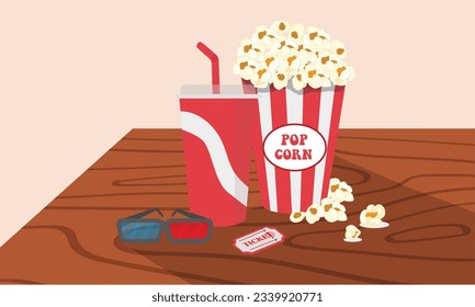 Popcorn box and soda cup vector set. Cinema vector set of popcorn bucket, soda cup, 3d glasses, cinema ticket. Cinema concept. Snack food flat vector in cartoon style, isolated on wood table.