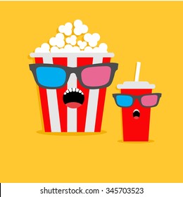 Popcorn box and soda glass Screaming characters in 3D glasses. Cinema icon Flat design style. Vector illustration