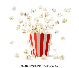 Popcorn box  Striped pop corn bucket container  Realistic vector mock up white   red paper bucket and flying out   scatter around snack seeds  isolated 3d design for cinema movie theater