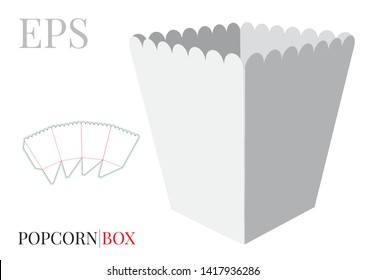 Popcorn Box Template. Vector with die cut / laser cut layers. Self Lock Packaging Design. White, clear, blank, isolated Popcorn Box mock up on white background with perspective view