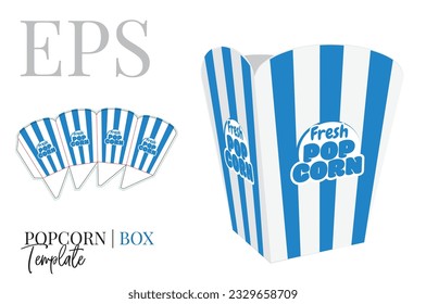 Popcorn Box Template. Vector with die cut, laser cut layers. Self Lock Packaging Design. White, clear, blank, isolated Popcorn Box mock up on white background, perspective view, 3D presentation