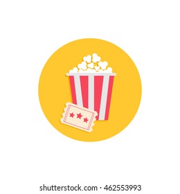 Popcorn box and ticket. Cinema Movie round icon in flat design style. Vector illustration