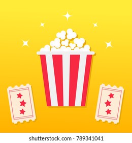 Popcorn box. Two Tickets with stars. Movie Cinema icon in flat design style. Pop corn icon. Yellow gradient background. Shining sparkles. Vector illustration