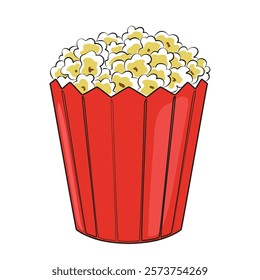 Popcorn box vector linear illustration. Popcorn in a striped red bucket doodle line drawing.