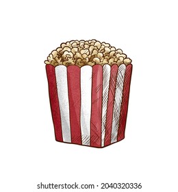 Popcorn in box. Vector sketch illustration 