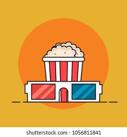 Popcorn bucket and 3d glasses. Cinema snack. Outline flat style.