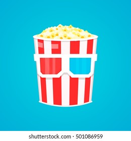 popcorn bucket in 3d glasses cinema icon in flat design style. Vector cartoon illustration