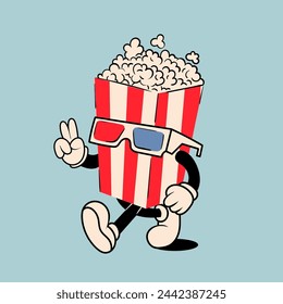 Popcorn bucket with 3d glasses. Cute cartoon character with hands, legs. Retro comic style. Cinema, movie theater, cinematography, movie watching, food concept. Hand drawn Vector illustration