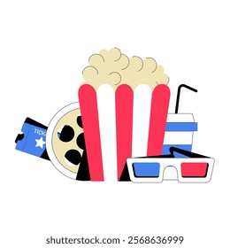 Popcorn Bucket With 3D Glasses, Soda, Movie Reel, And Ticket, In Flat Vector Illustration Symbolizing Movie Night, Entertainment, And Cinema, Isolated On White Background.