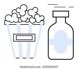 Popcorn bucket adjacent to a drink bottle. Ideal for movie nights, snacks, beverage promotions, entertainment, and casual dining. Clean lines and minimal design suggest simplicity and modern