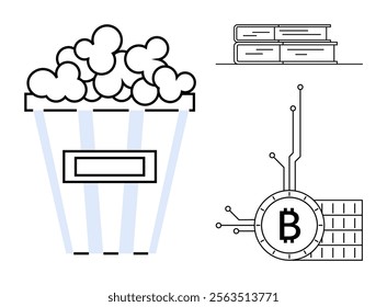 Popcorn bucket, books stack, and bitcoin symbol interconnected with circuitry. Ideal for education, entertainment, technology, finance, and digital innovation. Simple, clean, outline style
